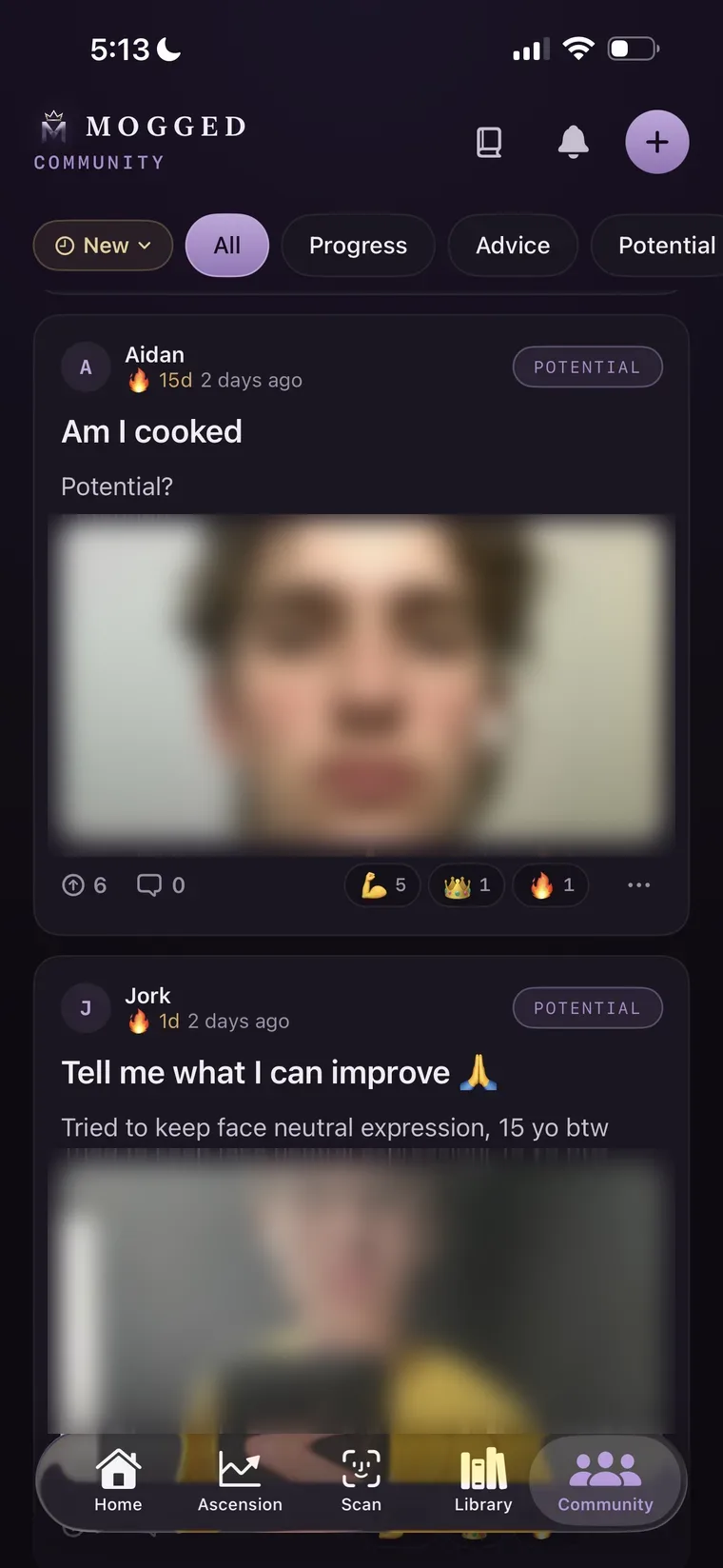Mogged Community feed screen with member ratings and reactions