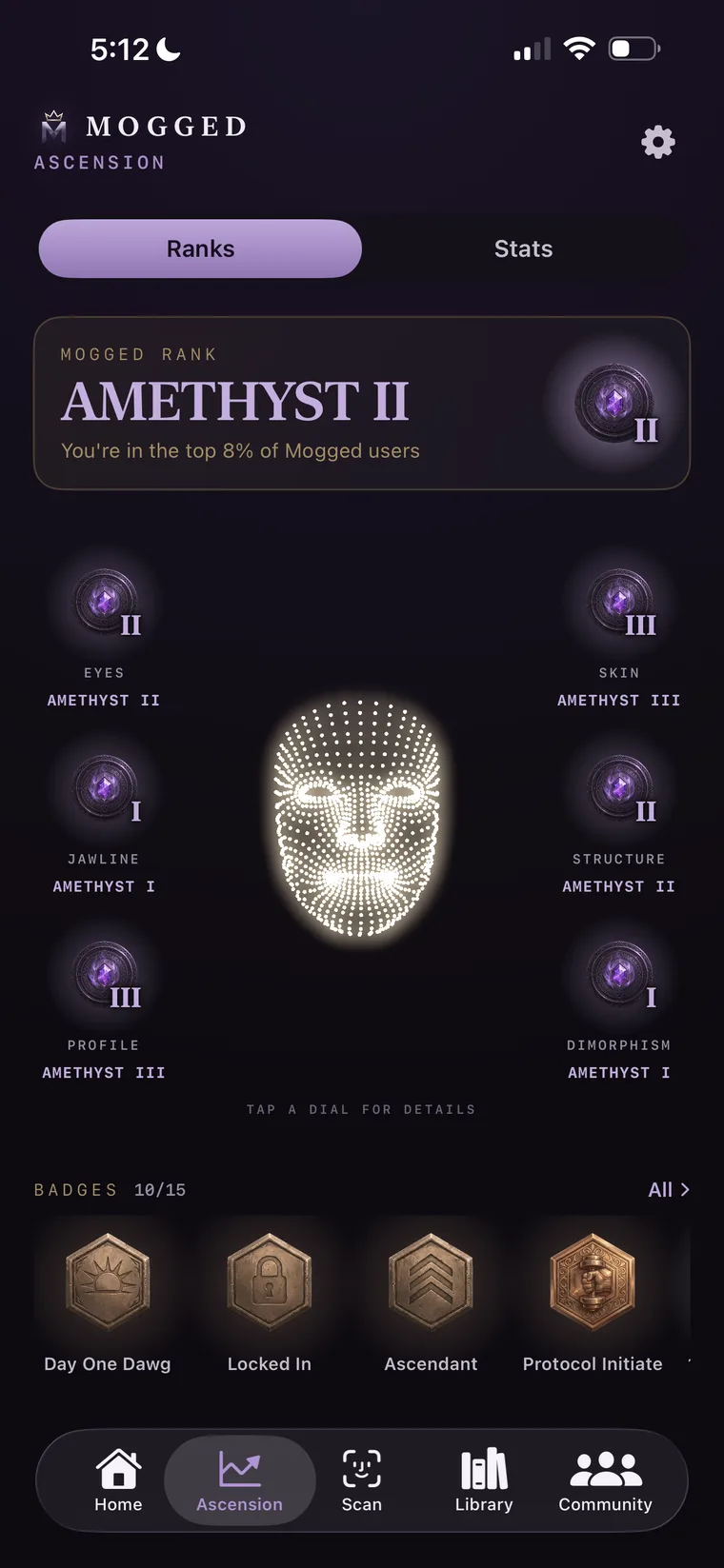 Mogged Ascension screen showing trait ranks and achievement badges