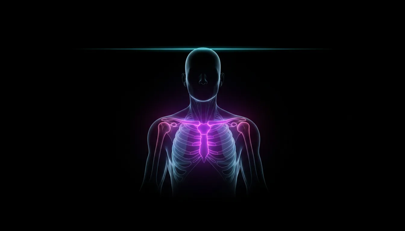 Anatomical diagram showing the male upper body silhouette with clavicle bones, deltoid muscles, and shoulder structure highlighted — illustrating the skeletal markers that determine frame width