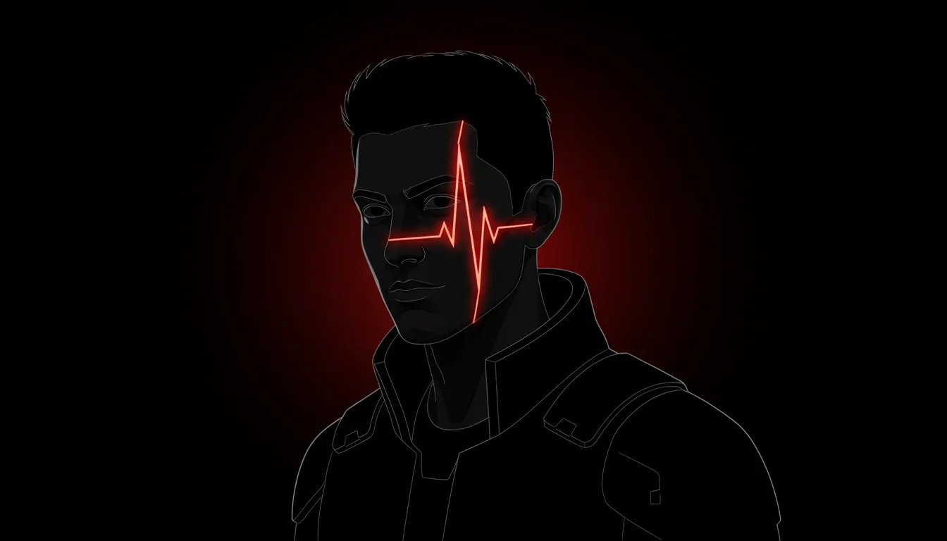 Dark portrait illustration of a man's face with a red heartbeat ECG line crossing it — symbolic of dormant potential beneath despair