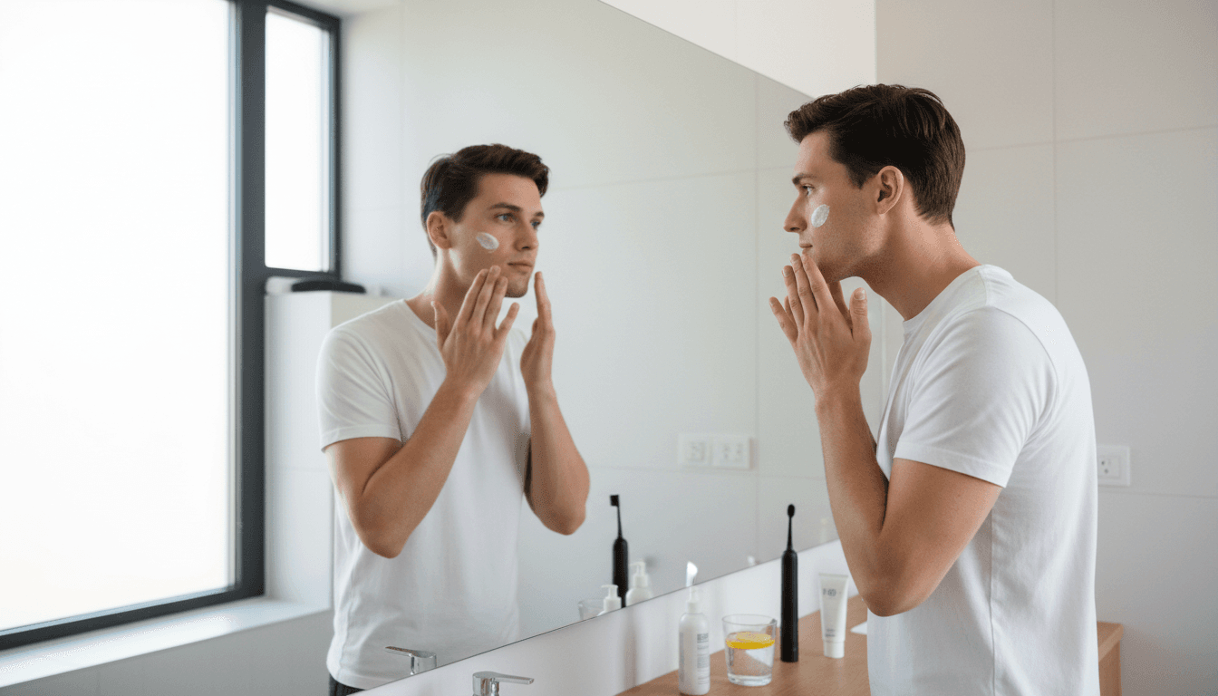 Giovane uomo davanti a uno specchio in bagno che applica una crema idratante sul viso — illustra una tipica routine di softmaxxing