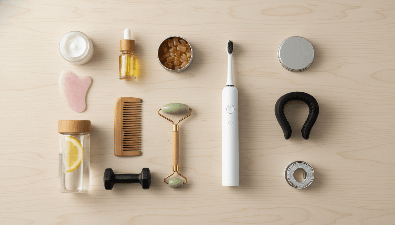 Flat-lay dall'alto degli essenziali del looksmaxxing: idratante, siero vitamina C, gua sha, jaw trainer, gomma mastica, spazzolino elettrico, pettine, face roller, borraccia, manubrio, metro a nastro