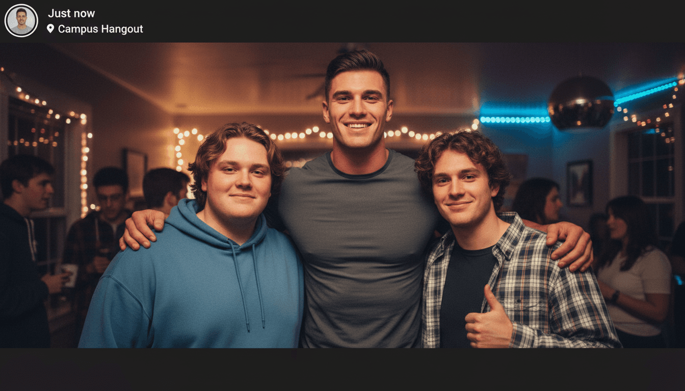 Three young men posing for a candid party photo — the center subject is visibly taller, more athletic, with a sharper jawline than the two friends flanking him, illustrating the visual side-by-side concept that the mogging meme captures