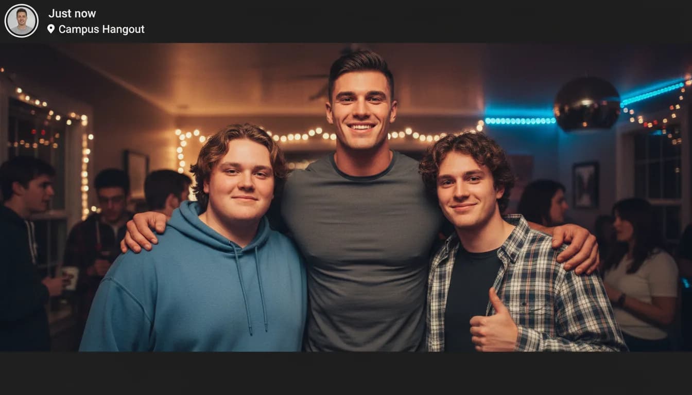 Three young men posing for a candid party photo — the center subject is visibly taller, more athletic, with a sharper jawline than the two friends flanking him, illustrating the visual side-by-side concept that the mogging meme captures
