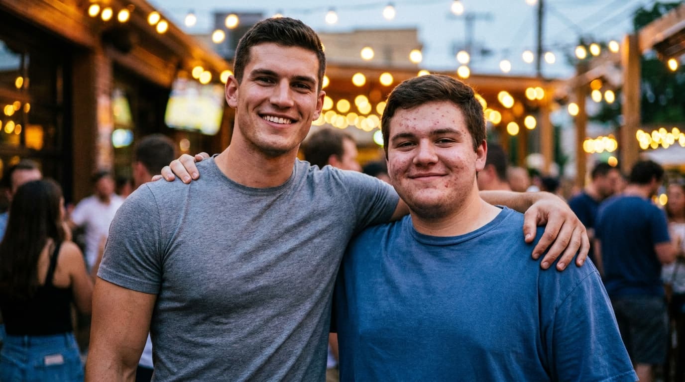 Visual grid showing six abstract icons representing the different types of mogging — face, frame, height, jaw, hair, and aura — in purple and pink gradient line art on black